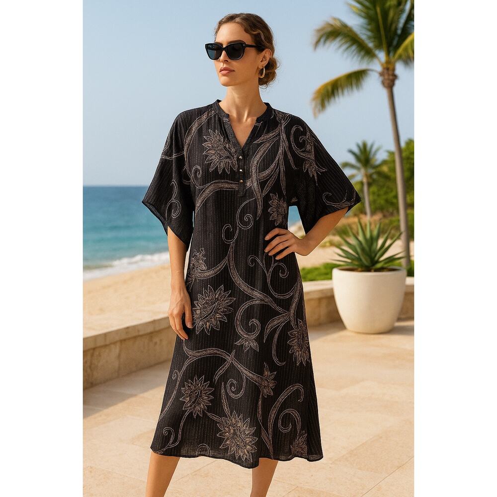 Cleobella Midi Dress Kaftan Cover-Up Fairy Floral Black V-Neck XS Feminine